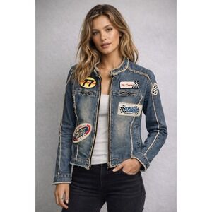Riley Denim Jacket Womens L Blue Racing Patch Distressed Zip Up Moto Frayed Edge